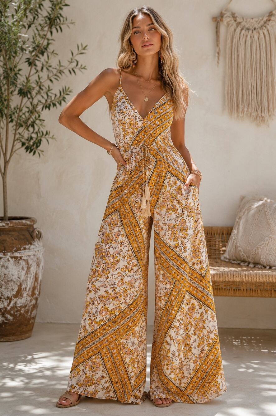 Jaase Handcrafted in the Shed Floral Wide Leg Jumpsuit Tassel Tie Boho Resort M